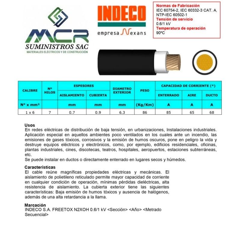 INDECO - CABLE ELECTRICO 6MM LIBRE DE HALOGENO N2XOH UNIPOLAR X 10METRO INDECO