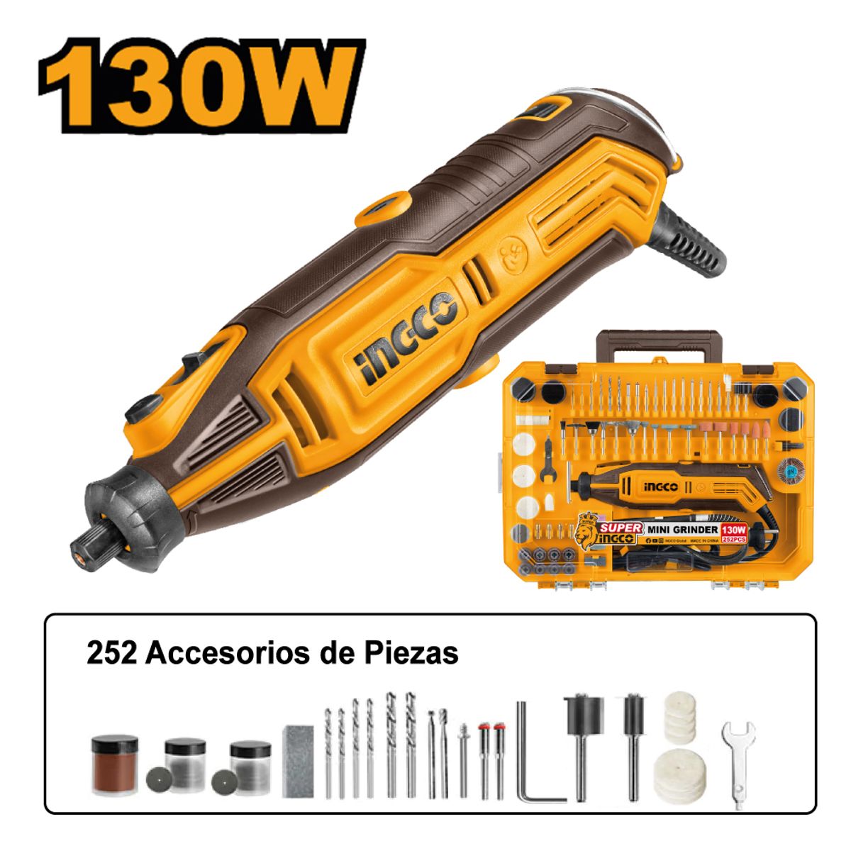 INGCO TOOLS - MINI RECTIFICADORA INGCO 130W + KIT 252 PIEZAS MG133281