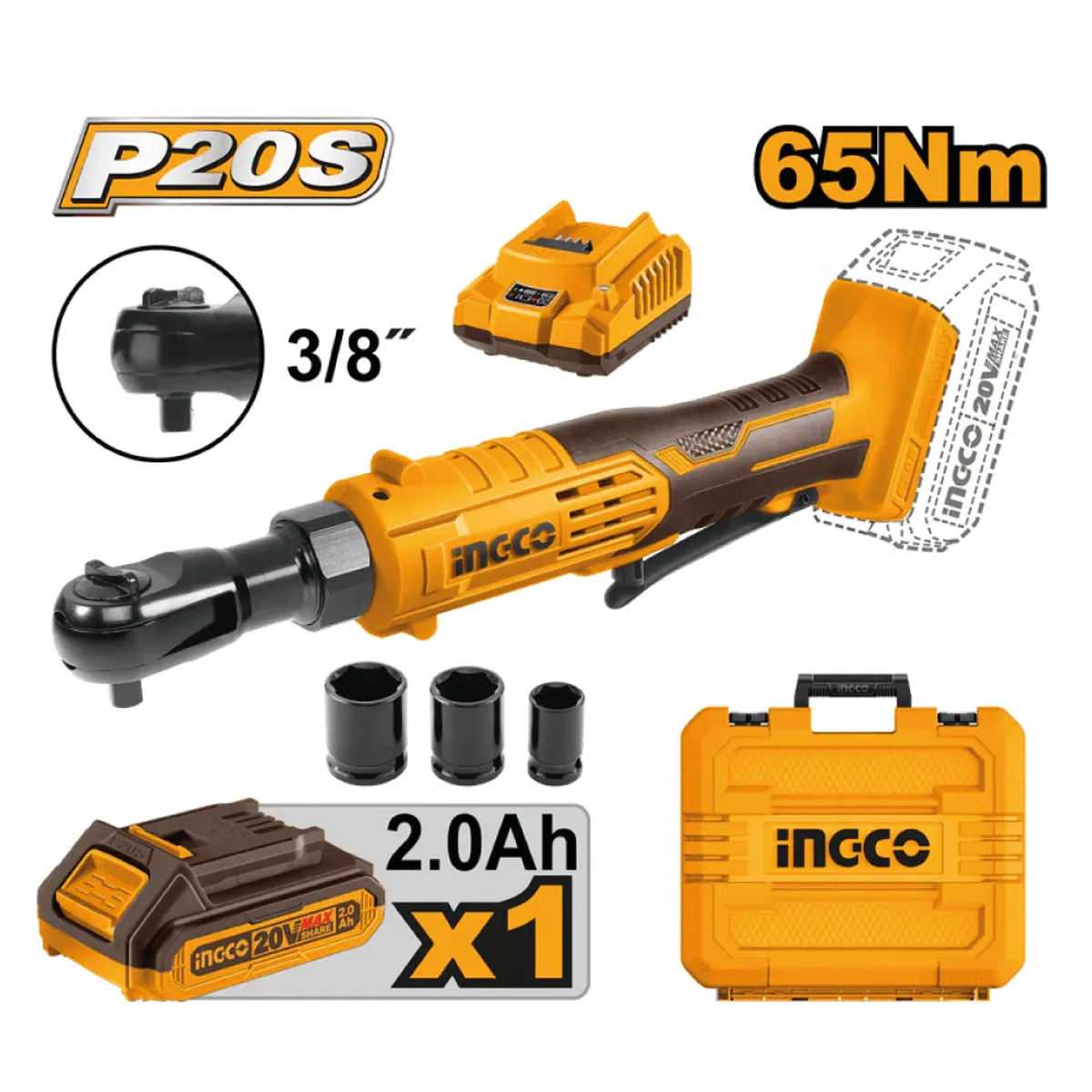 INGCO TOOLS - LLAVE RATCHET INGCO 20V 65NM 3/8" + BATERÍA  + CARGADOR CDRLI2060152