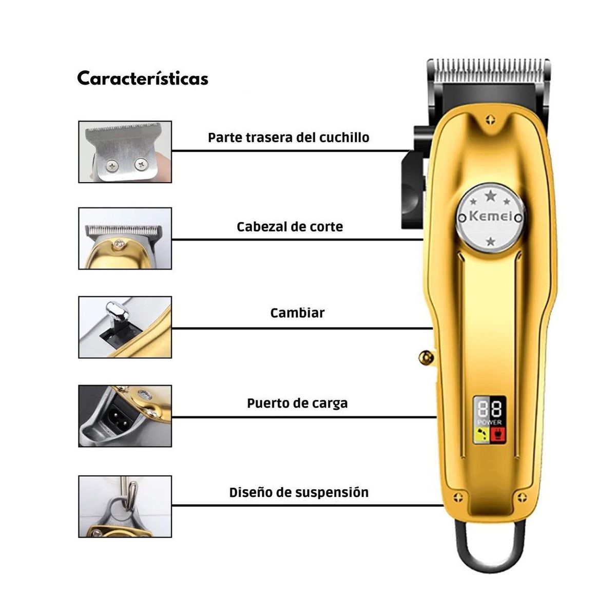 KEMEI - Máquina Cortadora de Cabello Profesional Kemei Dorada KM-1986