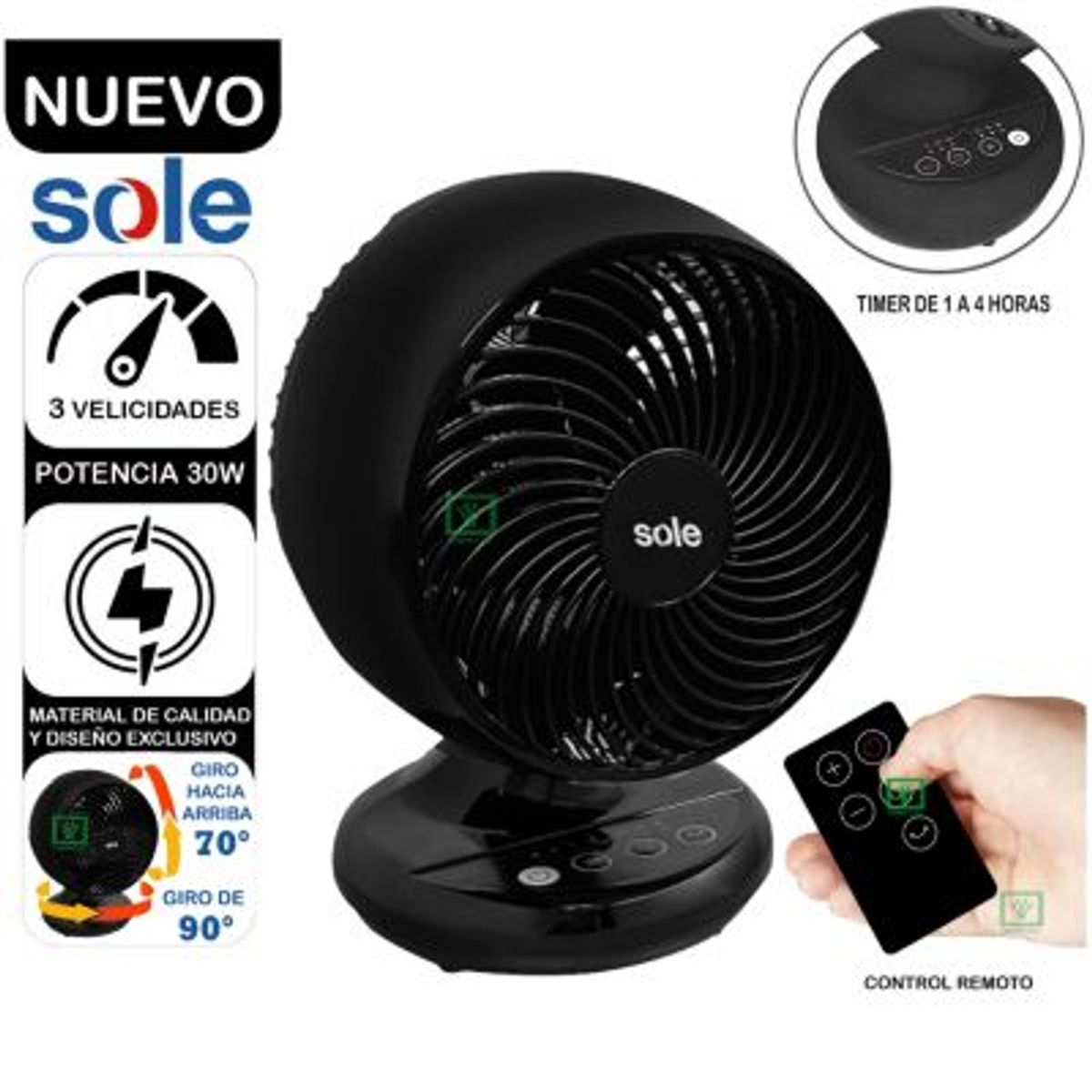 SOLE - Ventilador Sobre Mesa Turbomax SOLAIR016 Negro