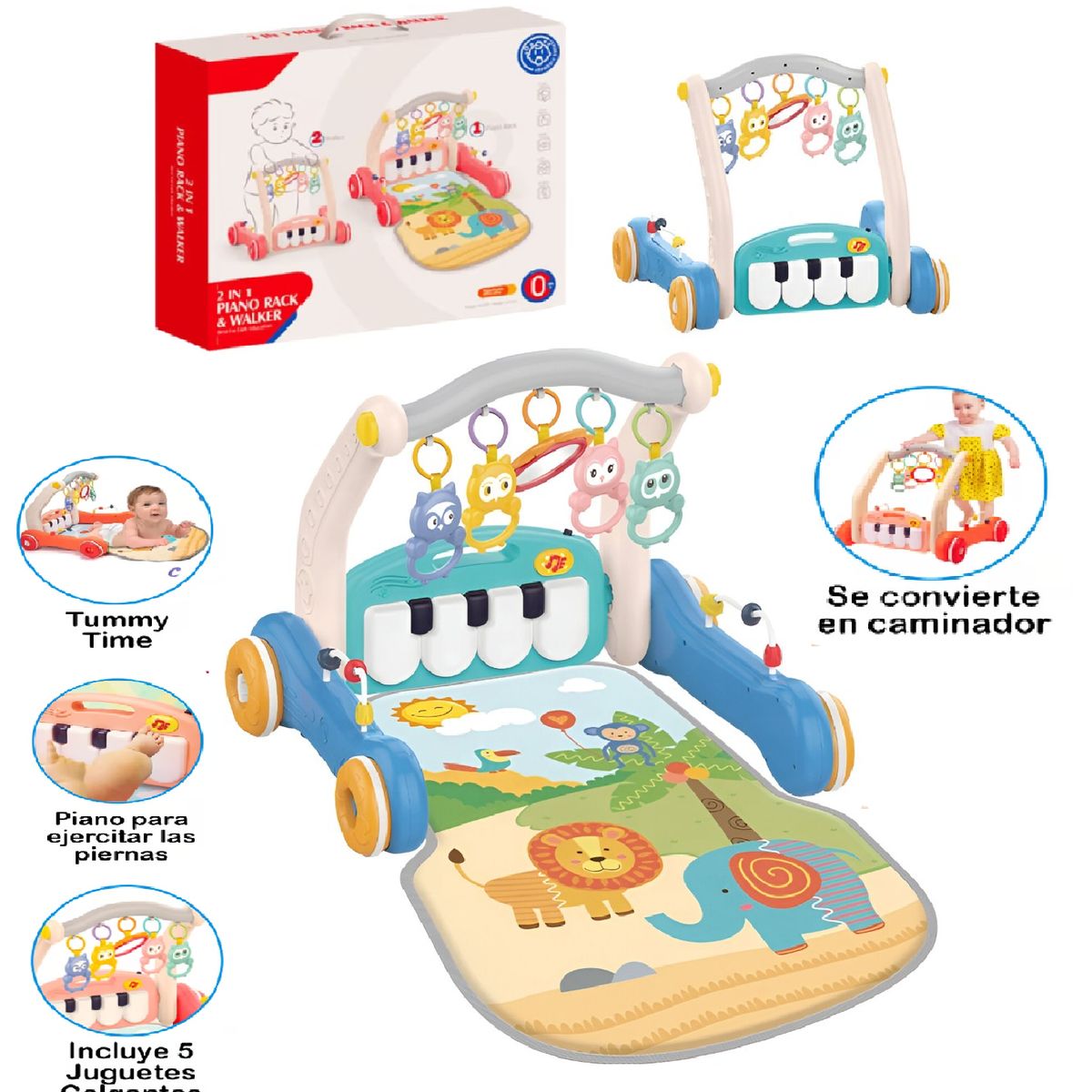 GENERICO - Gimnasio Piano y Caminador para Bebés 2 EN 1- Azul