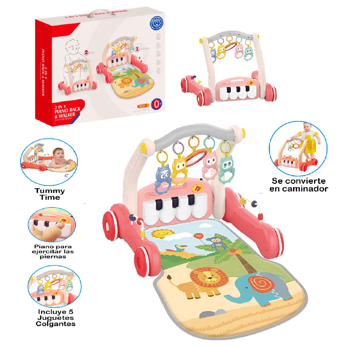 GENERICO - Gimnasio Piano y Caminador para Bebés 2 EN 1- Rosado