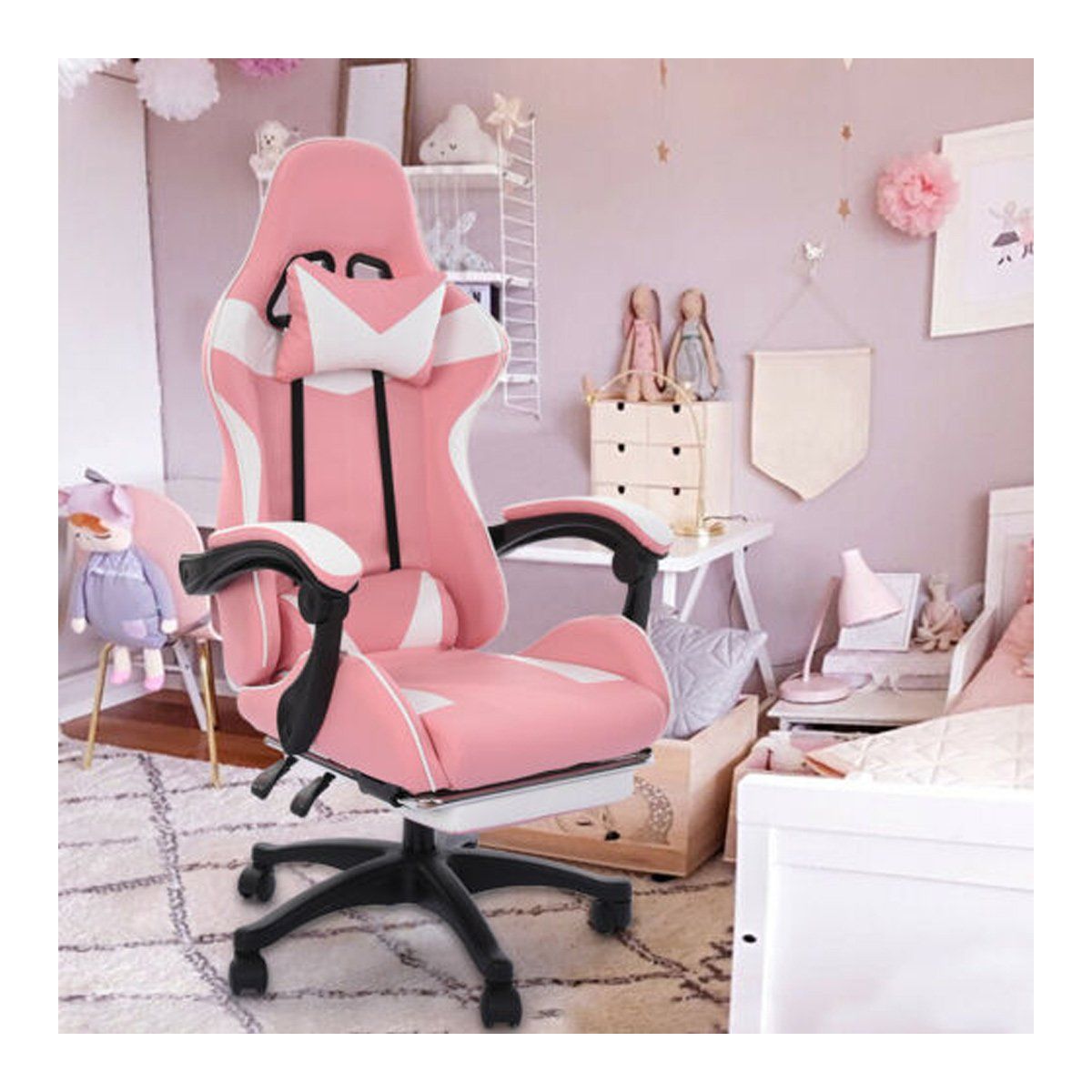 GENERICO - Silla Gamer 180° Con Posapiés y Cojines Rosada