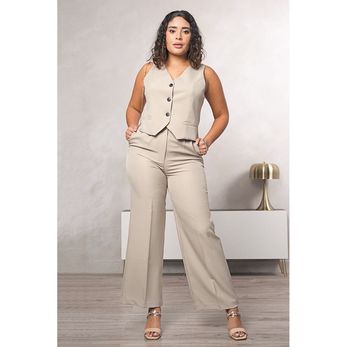 GENERICO - Pantalón Mujer Sastre Ancho Amira Color Beige - Estacion 108