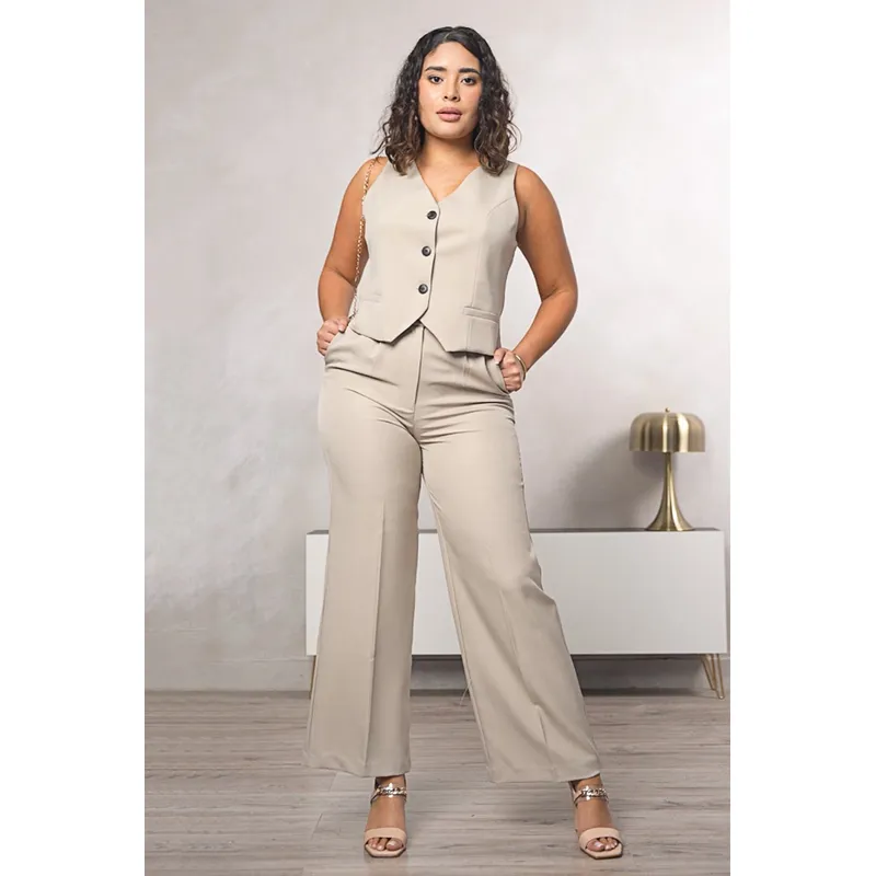 GENERICO - Pantalón Mujer Sastre Ancho Amira Color Beige - Estacion 108
