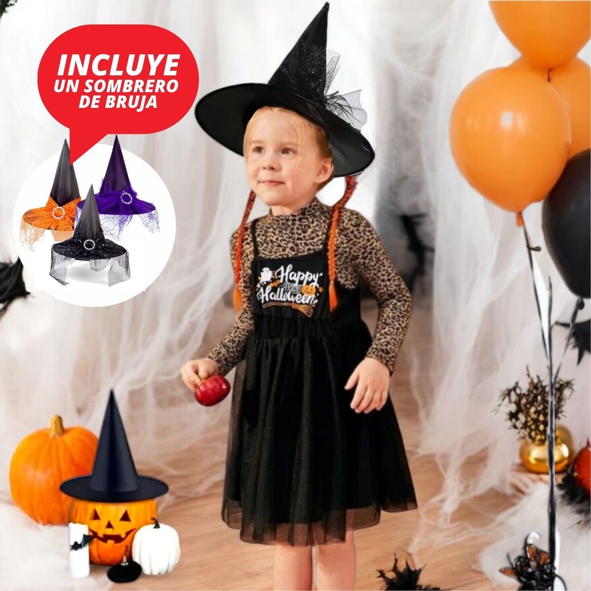 GENERICO - DISFRAZ PARA NIÑA  DE BRUJA ( VESTIDO  + POLO MANGA LARGA+ SOMBRERO )