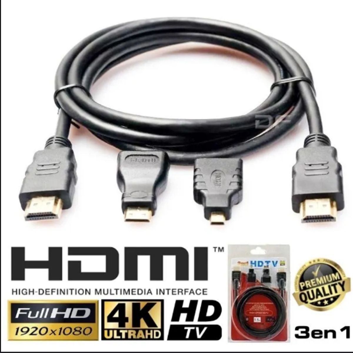 GENERICO - Cable Hdmi 3 En 1 Con Adaptador Mini Y Micro Hdmi 1.5 Metros