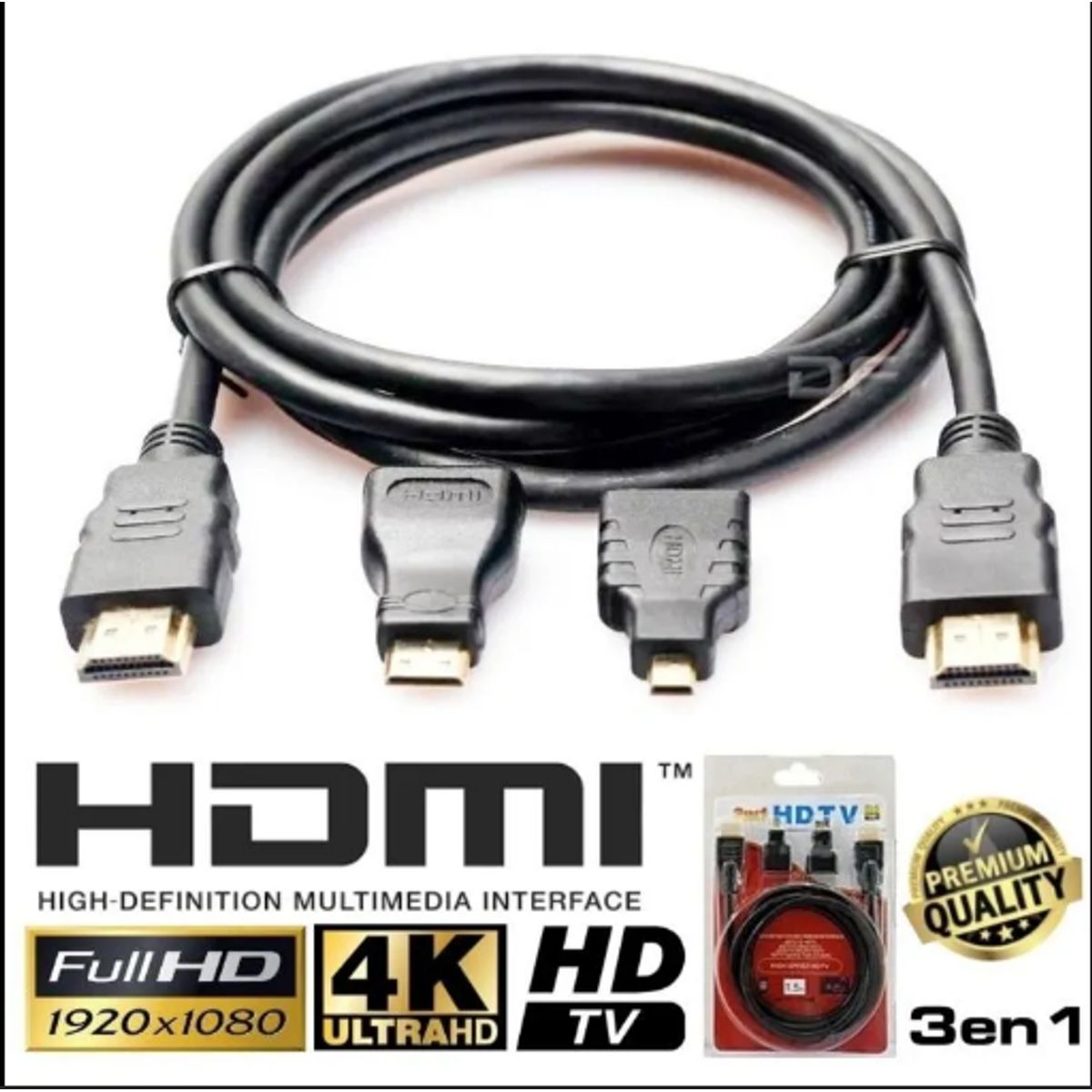 GENERICO - Cable Hdmi 3 En 1 Con Adaptador Mini Y Micro Hdmi 1.5 Metros