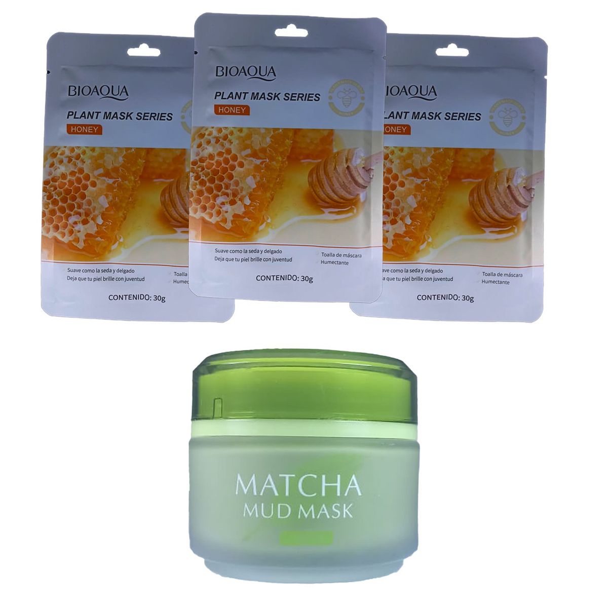 BIOAQUA - MASCARILLA FACIAL BIOAQUA 3 UND + BARRO FACIAL CON TE MATCHA