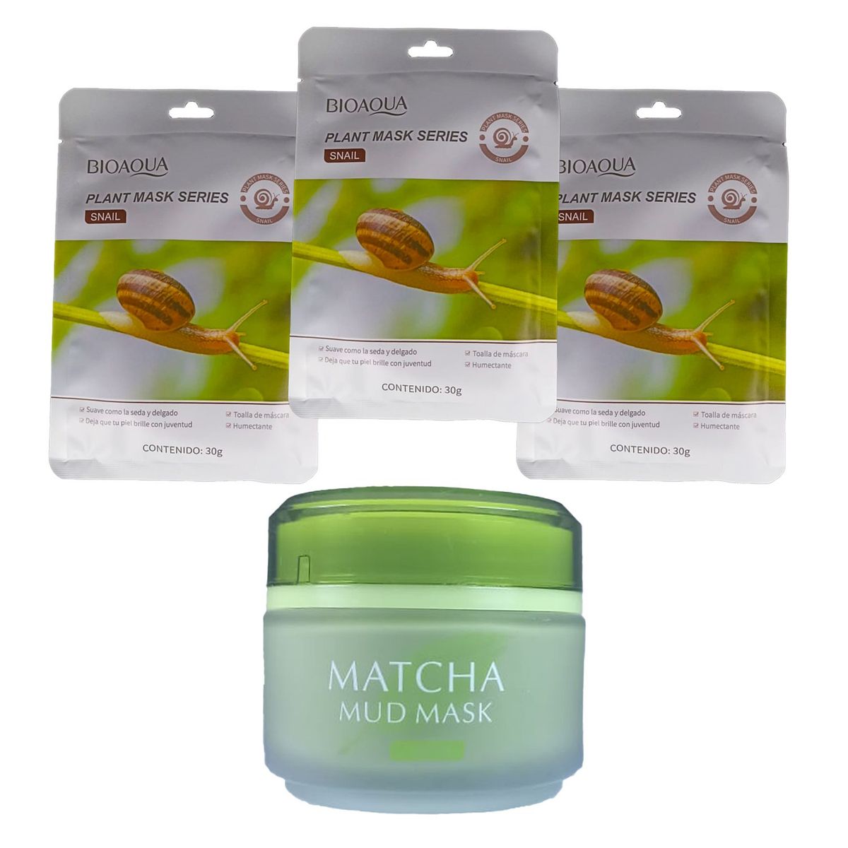 BIOAQUA - MASCARILLA FACIAL BIOAQUA 3 UND + BARRO FACIAL CON TE MATCHA
