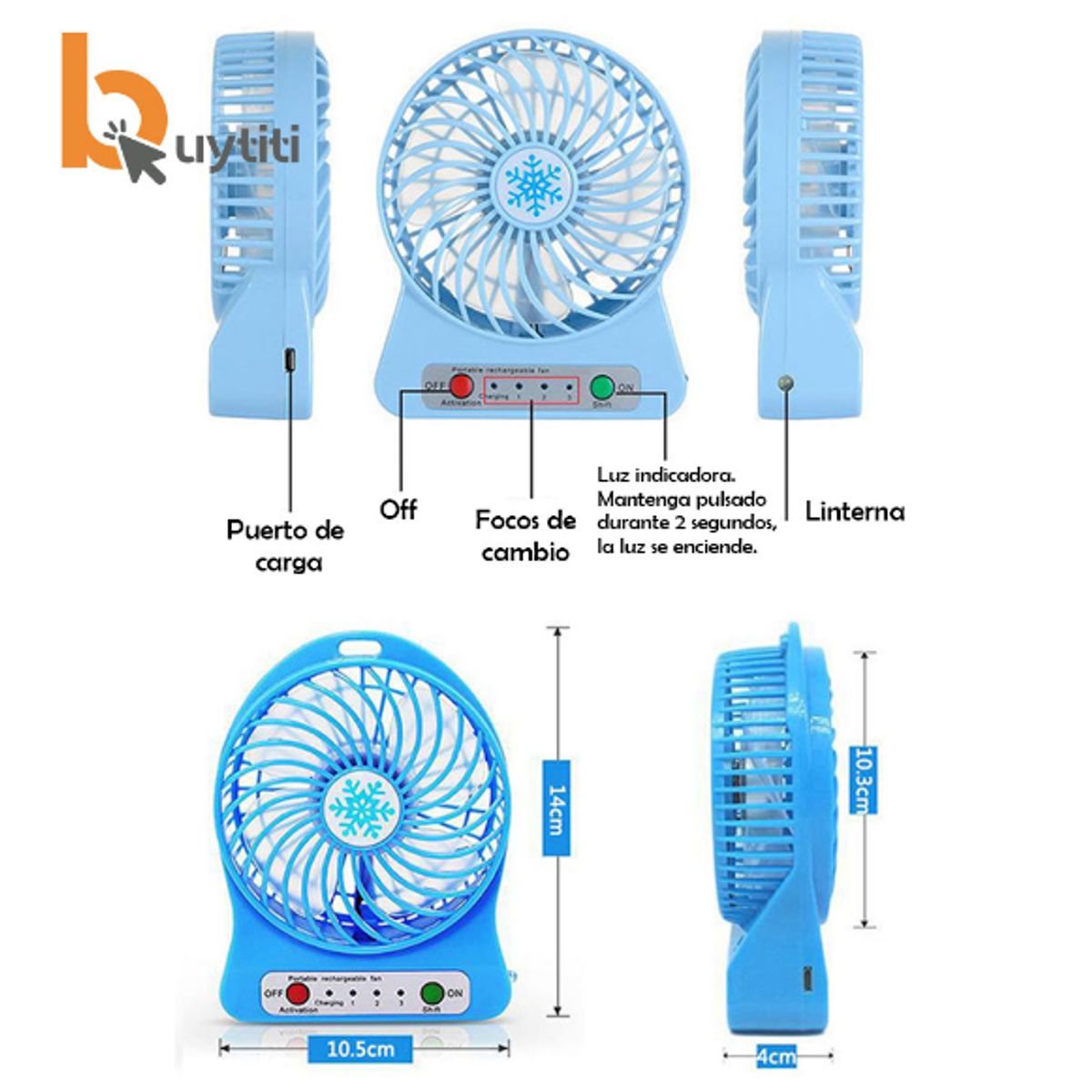 GENERICO - Ventilador portatil recargable usb 3 velocidades y luz led