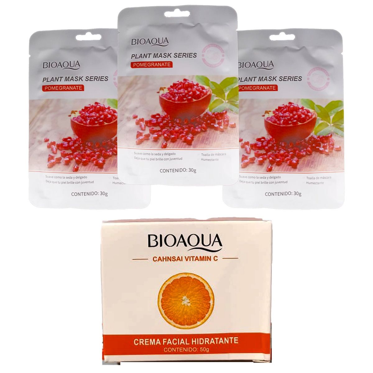 BIOAQUA - MASCARILLA FACIAL BIOAQUA 3 UND + CREMA HIDRATANTE VITAMINA C