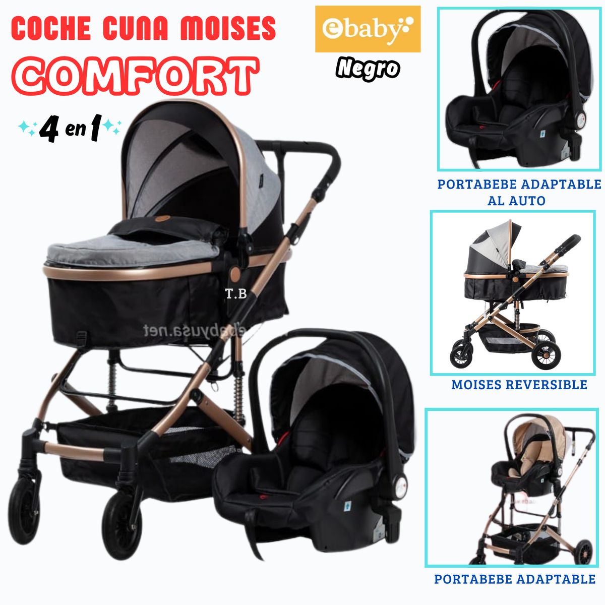 EBABY - COCHE CUNA COMFORT CON PORTABEBE NEGRO