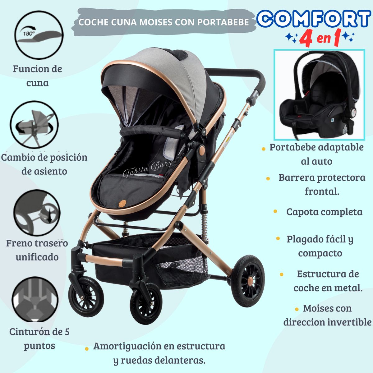 EBABY - COCHE CUNA COMFORT CON PORTABEBE NEGRO