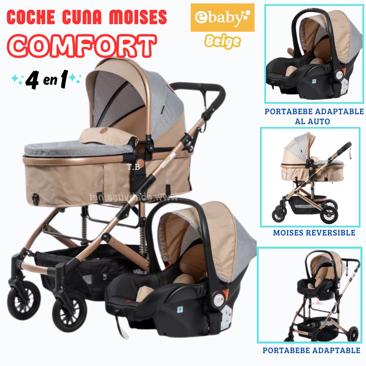 EBABY - COCHE CUNA COMFORT CON PORTABEBE BEIGE