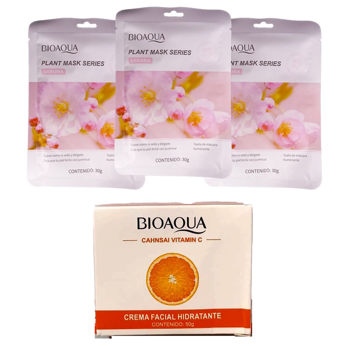 BIOAQUA - MASCARILLA FACIAL BIOAQUA 3 UND + CREMA HIDRATANTE VITAMINA C