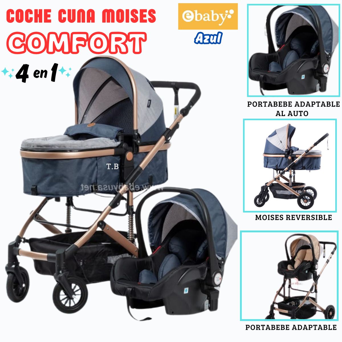 EBABY - COCHE CUNA COMFORT CON PORTABEBE AZUL