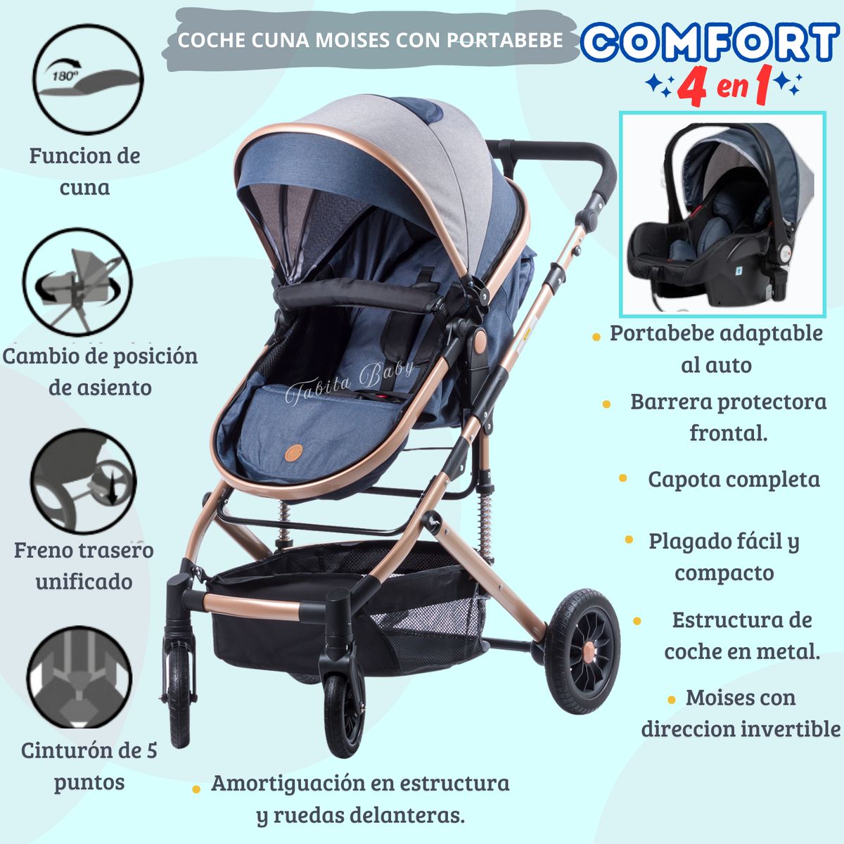 EBABY - COCHE CUNA COMFORT CON PORTABEBE AZUL