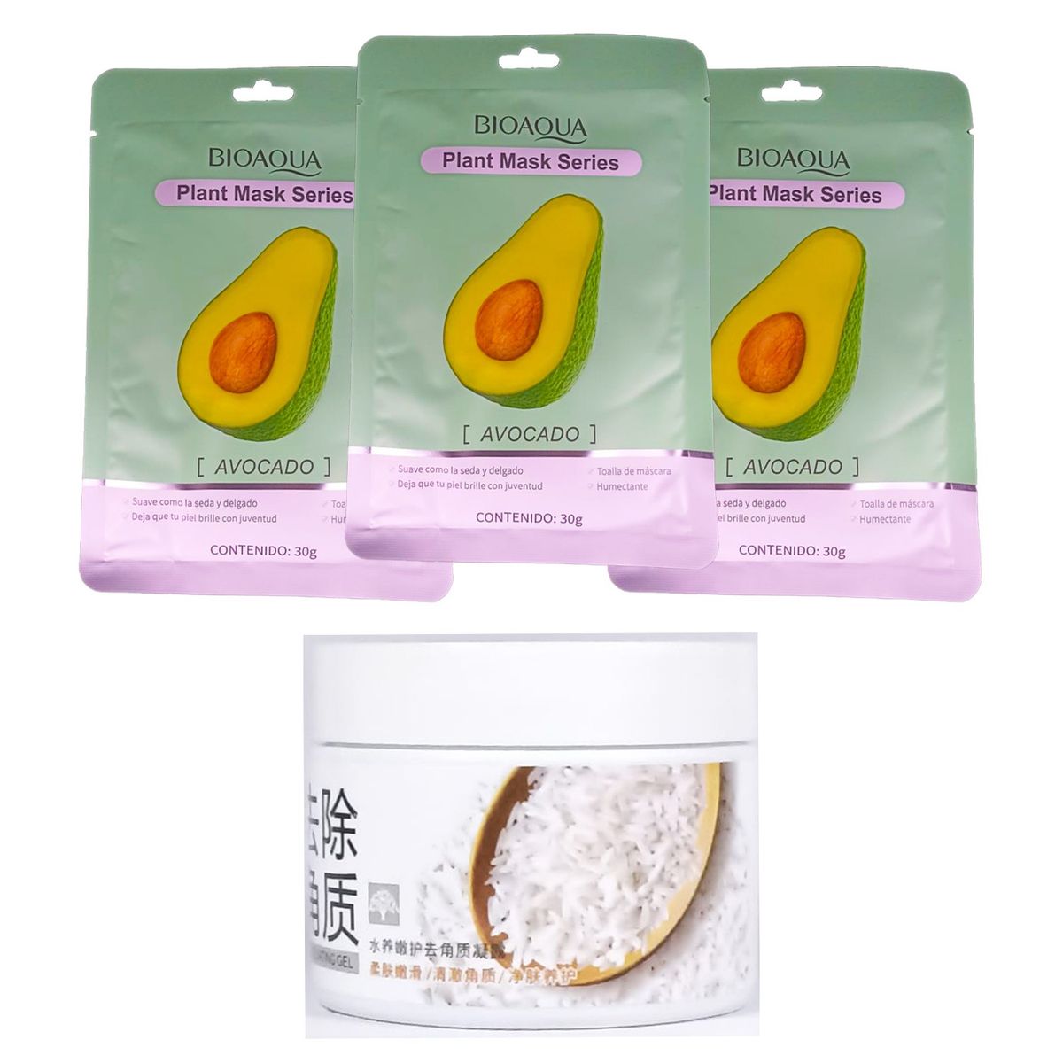 BIOAQUA - MASCARILLA FACIAL BIOAQUA 3 UND + EXFOLIANTE HIDRONUTRITIVO DE ARROZ