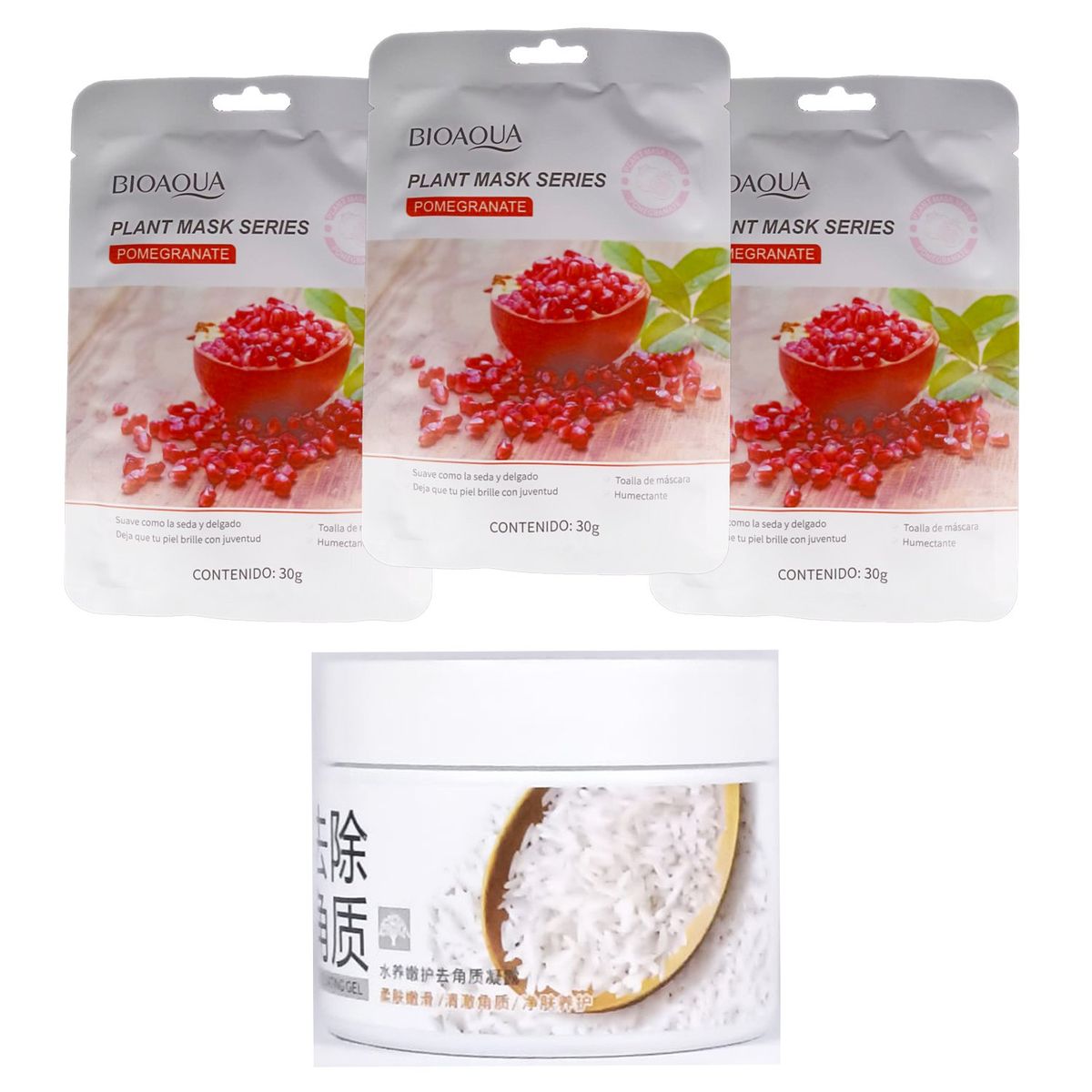 BIOAQUA - MASCARILLA FACIAL BIOAQUA 3 UND + EXFOLIANTE HIDRONUTRITIVO DE ARROZ