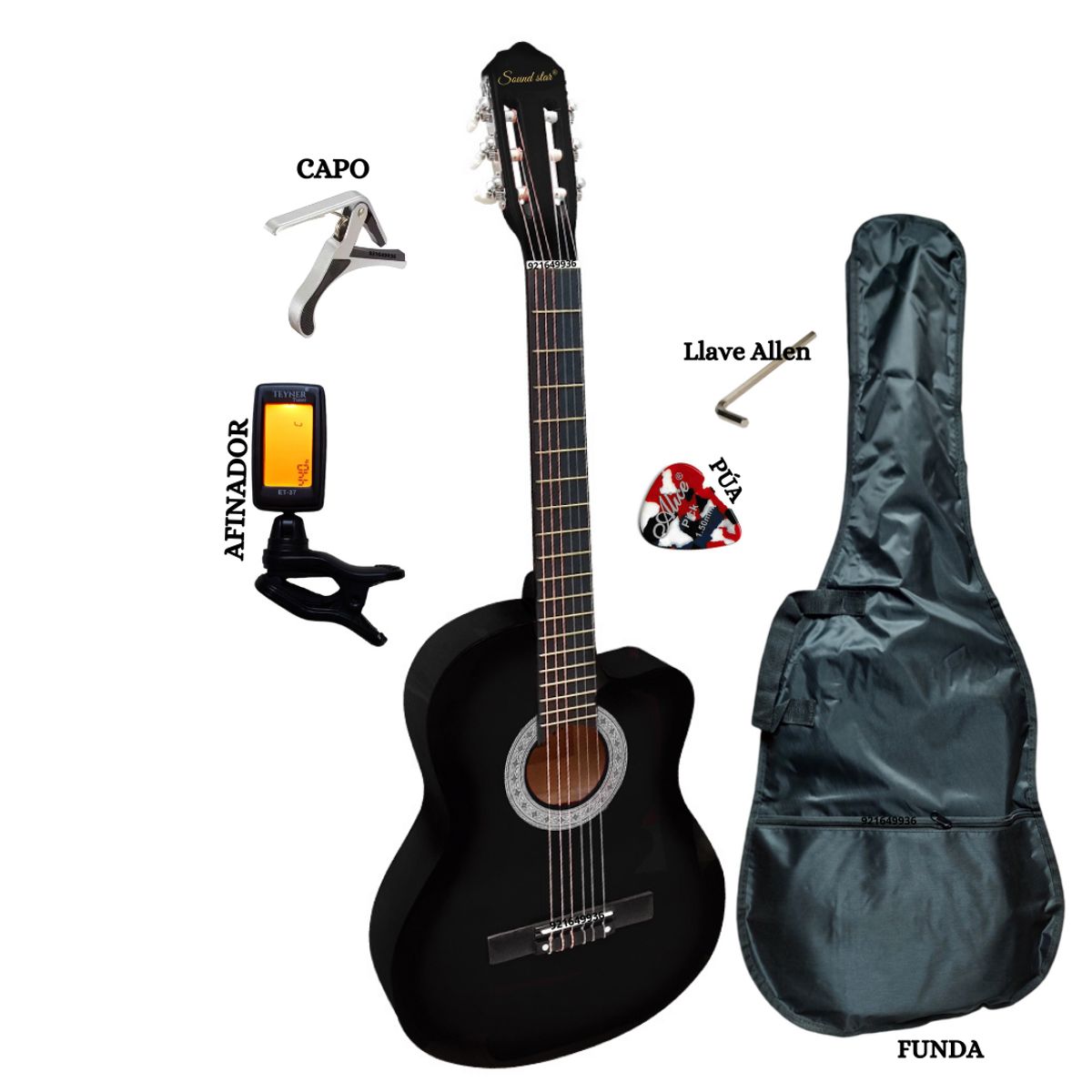 GENERICO - Guitarra acústica Negro 39″ cn funda Afinadr capo púa llave