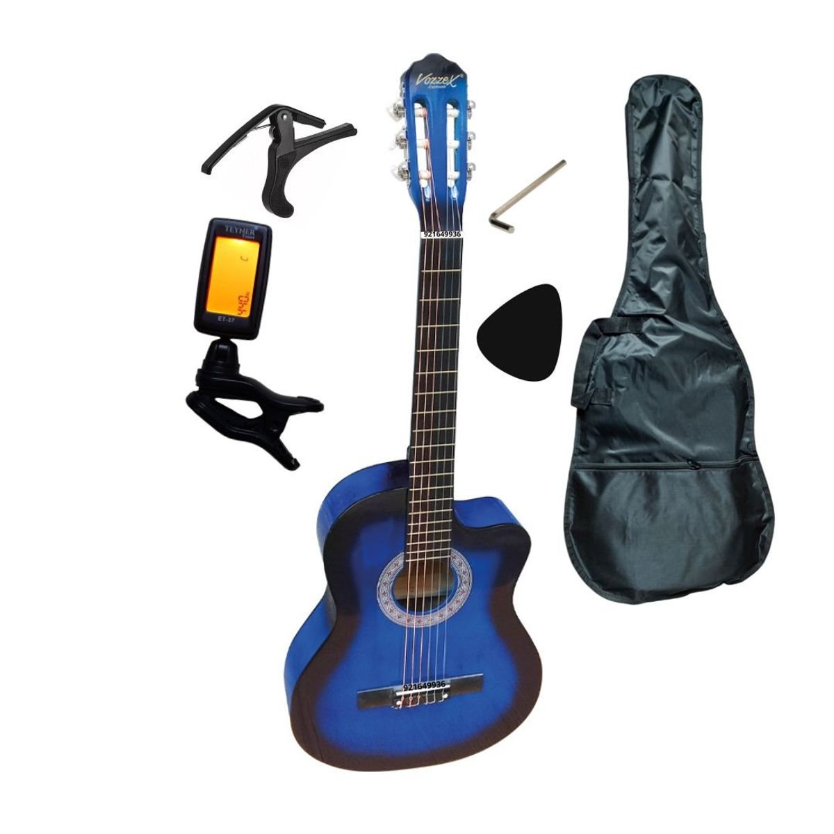 VOZZEX - Guitarra acústica Azúl 39″ + funda Afinador capo púa llave