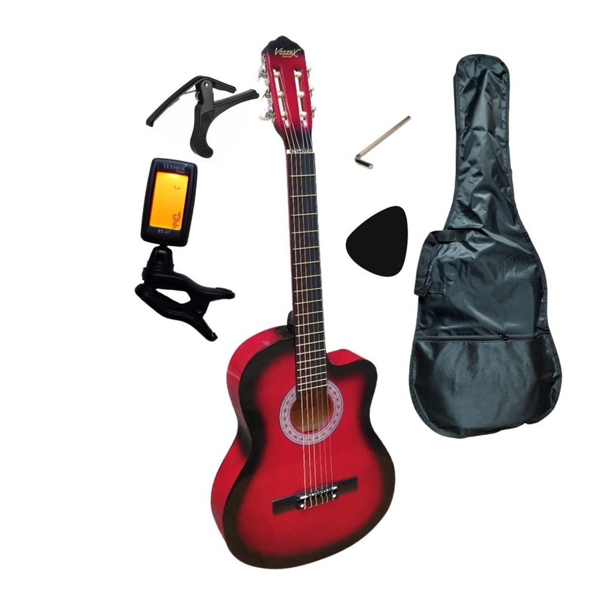 VOZZEX - Guitarra acústica Rojo 39″ + funda Afinador capo púa llave