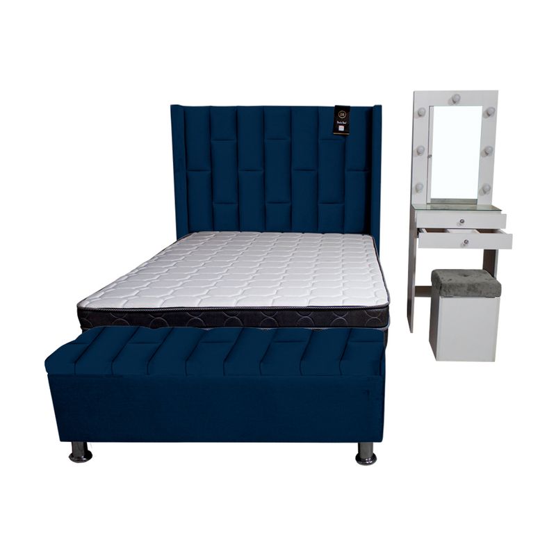 BARAKA HOME - Dormitorio Boreti 2 Plz + Cabecera + Tocador + Puff + Baúl - Azul Marino