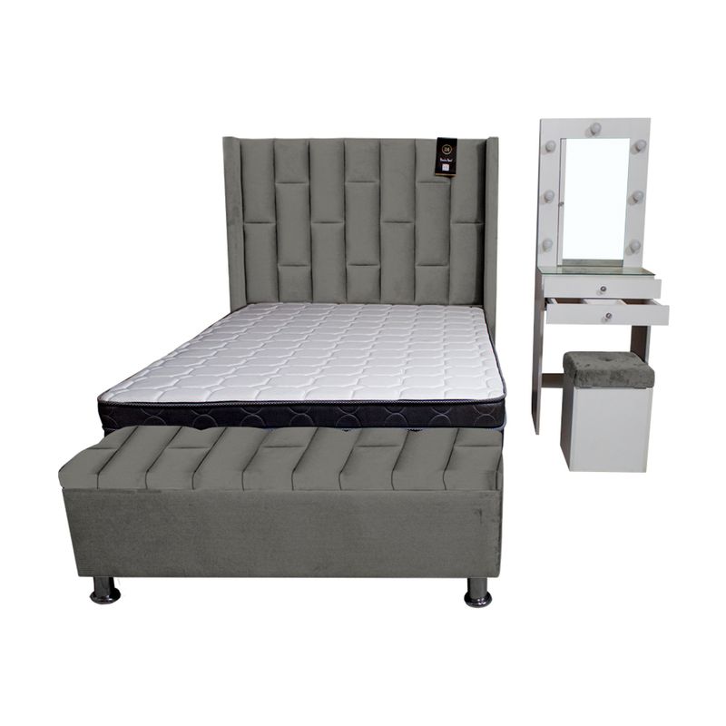 BARAKA HOME - Dormitorio Boreti 2 Plz + Cabecera + Tocador + Puff + Baúl - Gris Oscuro