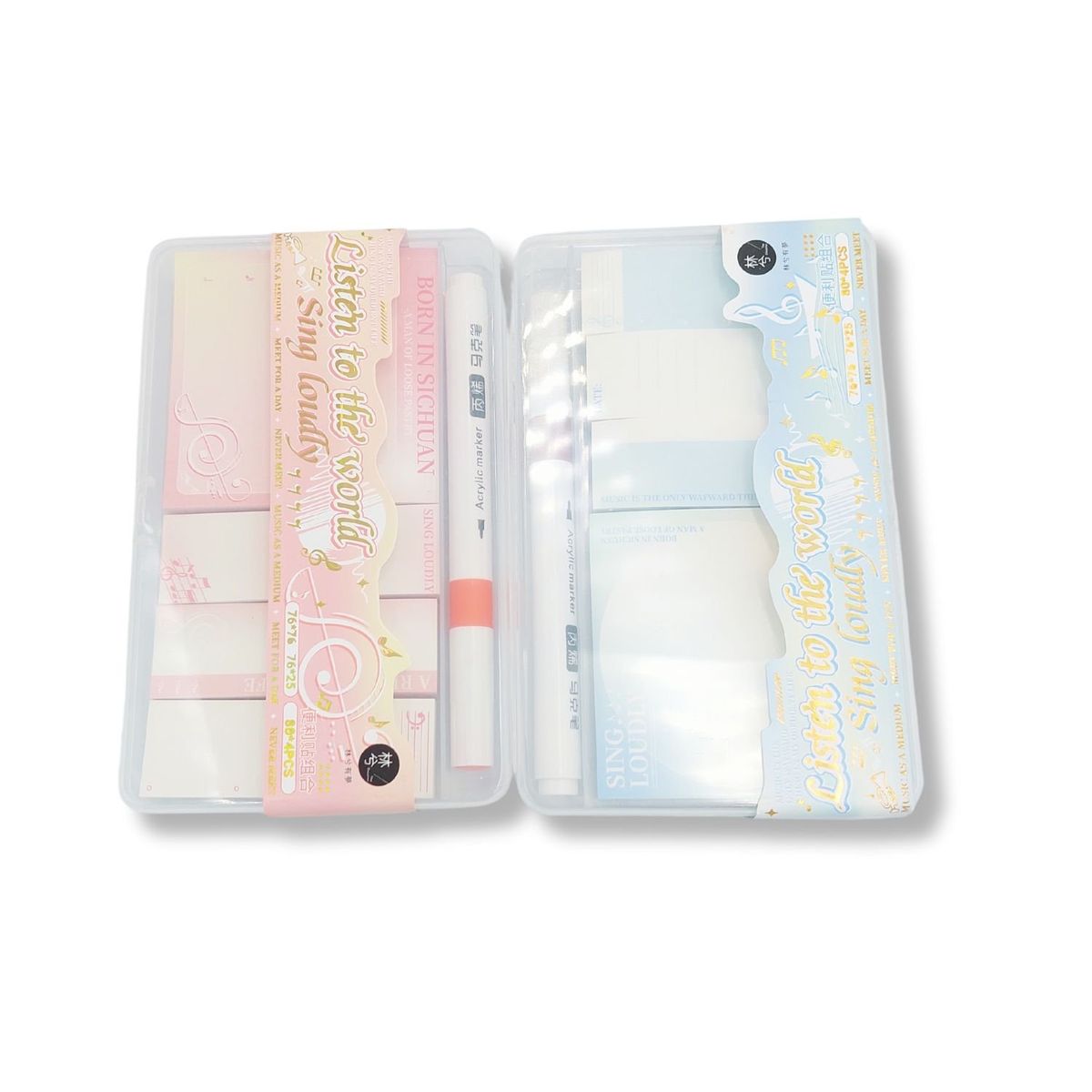 GENERICO - Pack 2 Sets de Estuches PostIt con Resaltador Rosa y Celeste