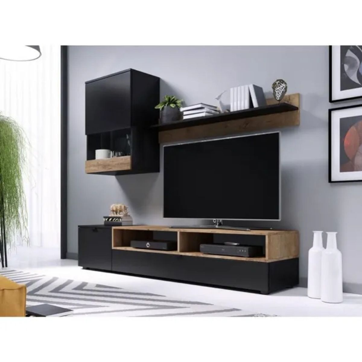 TU MESITA - Set Mesa de TV + Vitrina Flotante + Repisa Charlotte color NegroMarrón