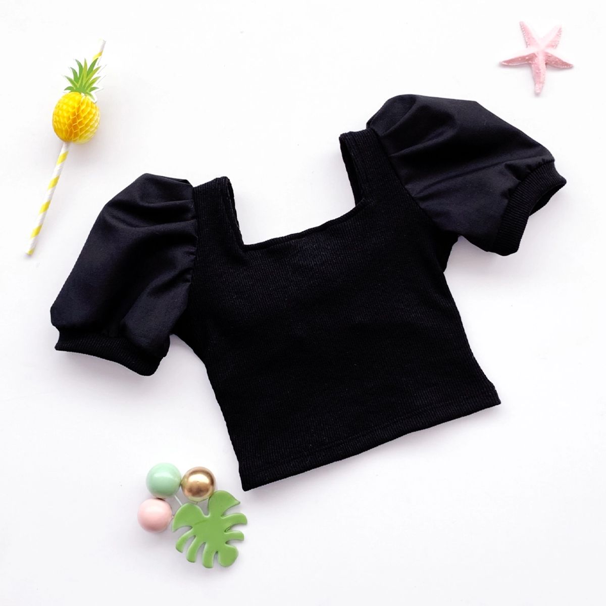 KIDS MASHMELO - Polo Crop de Rib con Mangas de Popelina para Niña - Kids Mahmelo