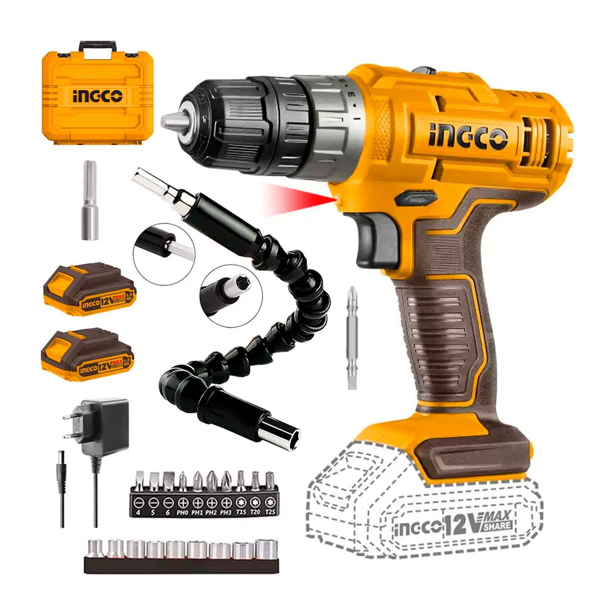INGCO TOOLS - TALADRO ATORNILLADOR INALÁMBRICO INGCO CDLI1228 + EXTENSOR FLEXIBLE