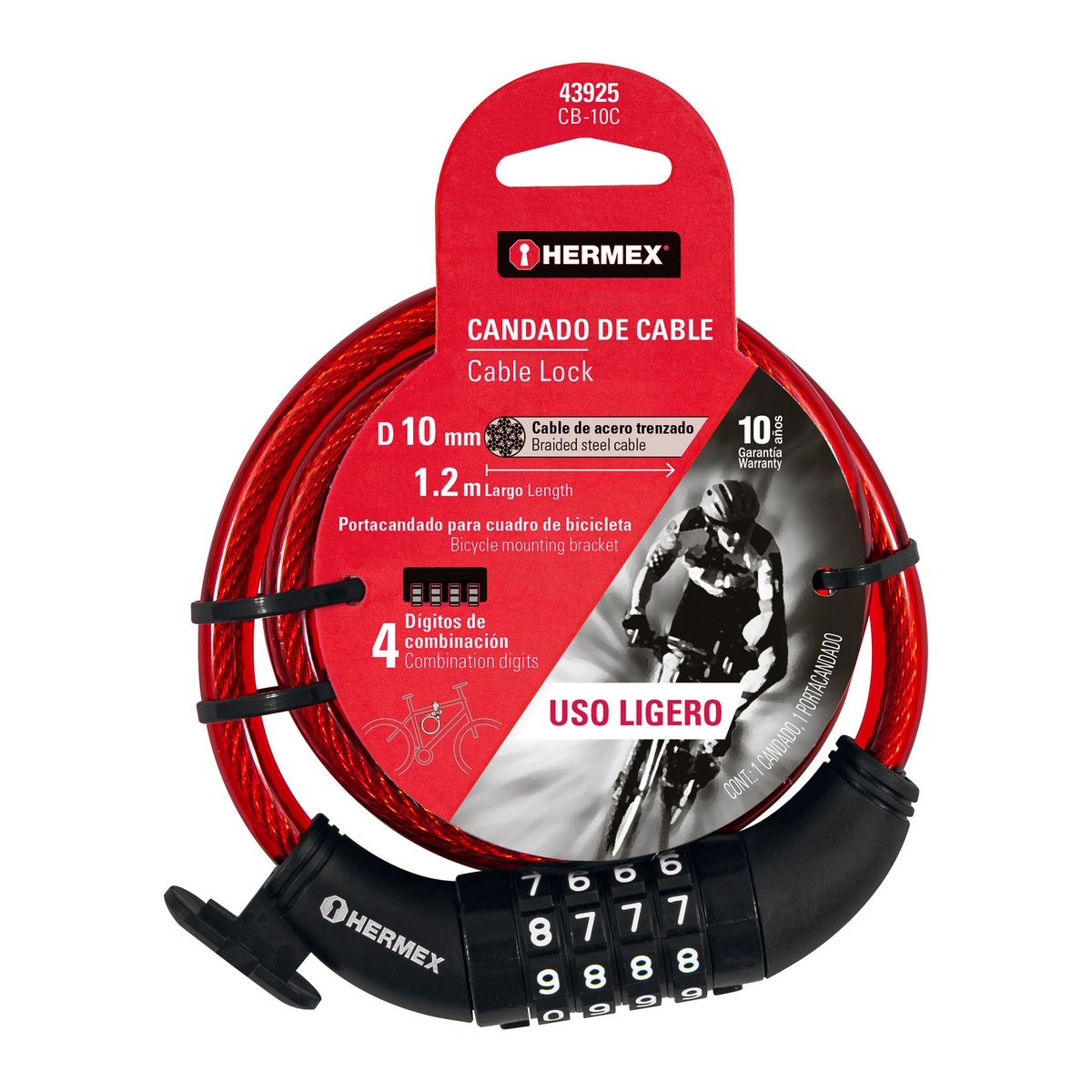 HERMEX - Candado Cable Bicicleta Combinación Uso Ligero 43925 Hermex