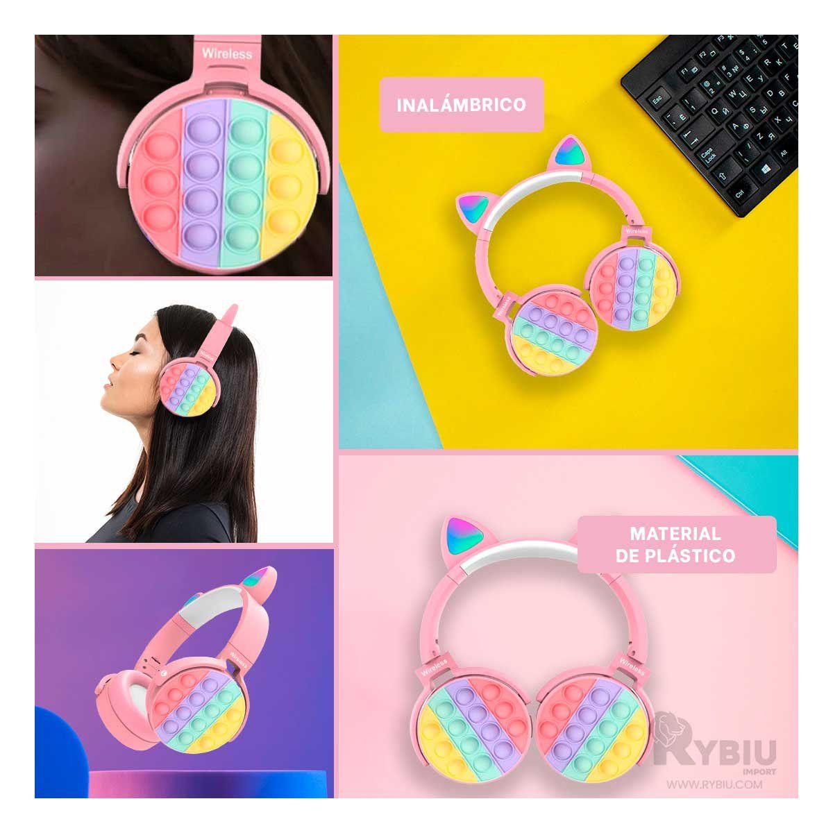 RYBIU IMPORT - Auriculares Diseño de Gatito Rosado Y+Ligas de Regalo