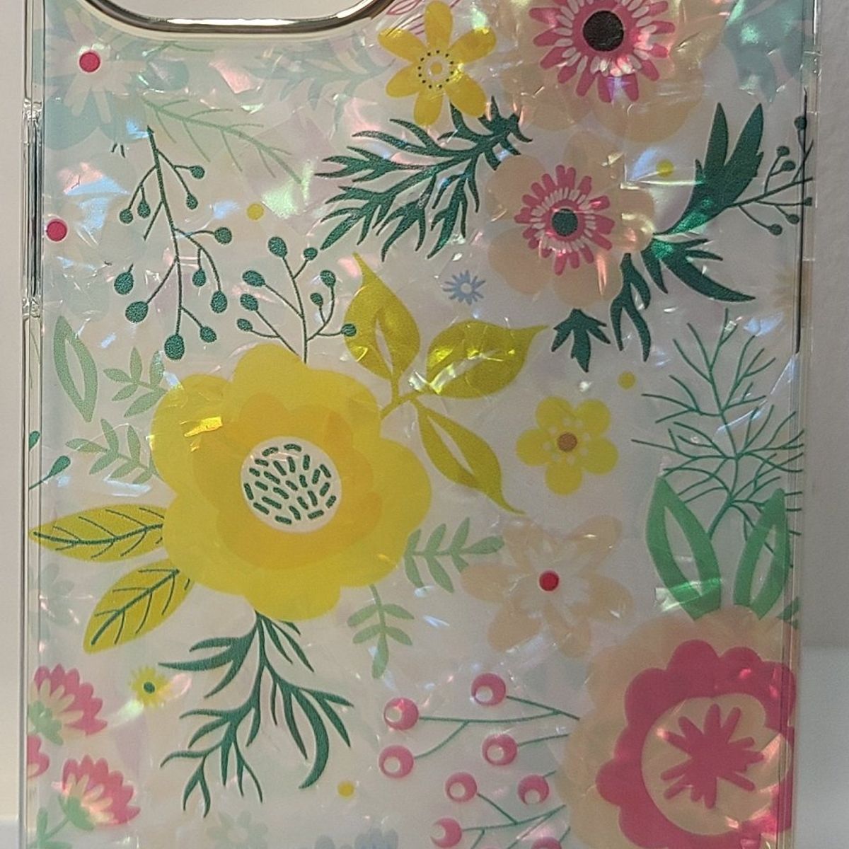GENERICO - Case Transparente de Flores con Borde Dorado  para Iphone 14
