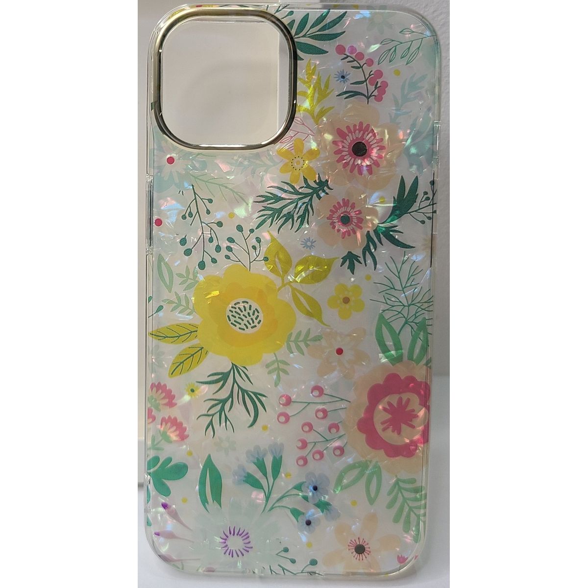 GENERICO - Case Transparente de Flores con Borde Dorado  para Iphone 14