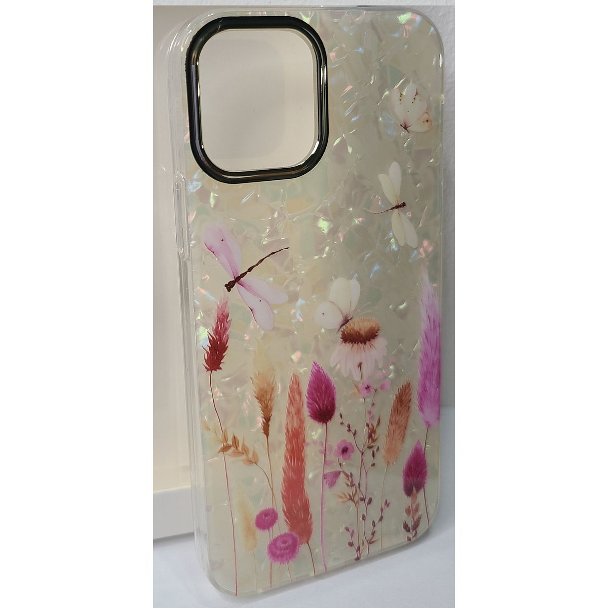 GENERICO - Case Transparente de Flores Rosas con Borde Dorado  para Iphone 13
