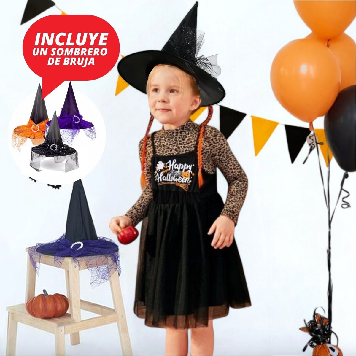 GENERICO - DISFRAZ DE NIÑA MODELO DE BRUJA  - SET DE 3 PIEZAS