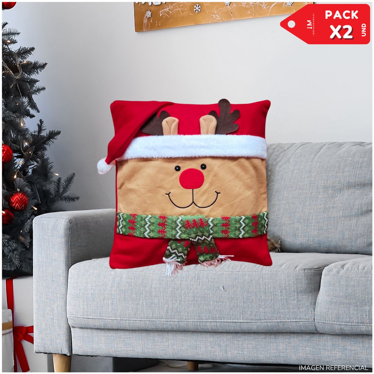 INSPIRA MARKET - Funda de cojin forro de almohada navideña Reno Rodolfo PACK X2