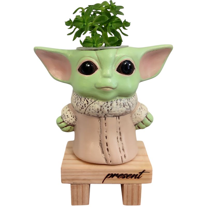 GENERICO - Maceta macetero Baby Yoda Pintada a Mano + Banquita de pino