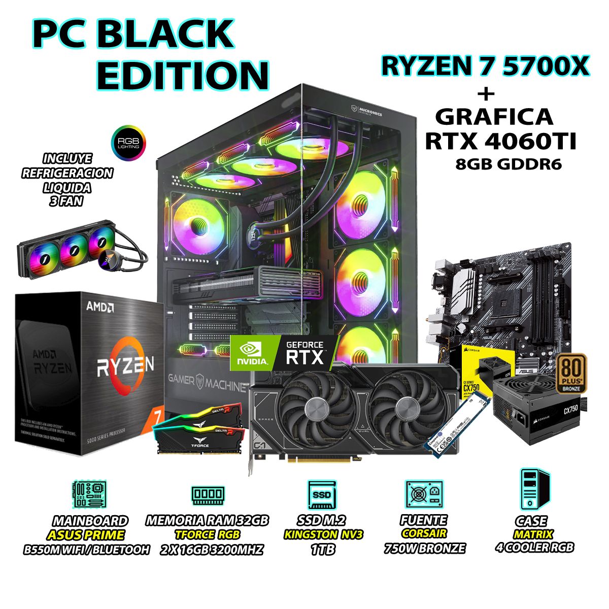 AMD - Computadora PC Gamer RYZEN 7 5700X RAM 32GB SSD 1TB GRAFICA ASUS RTX 4060TI 8GB
