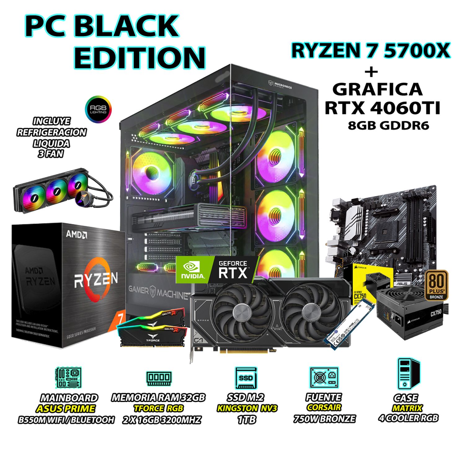 Computadora PC Gamer RYZEN 7 5700X RAM 32GB SSD 1TB GRAFICA ASUS