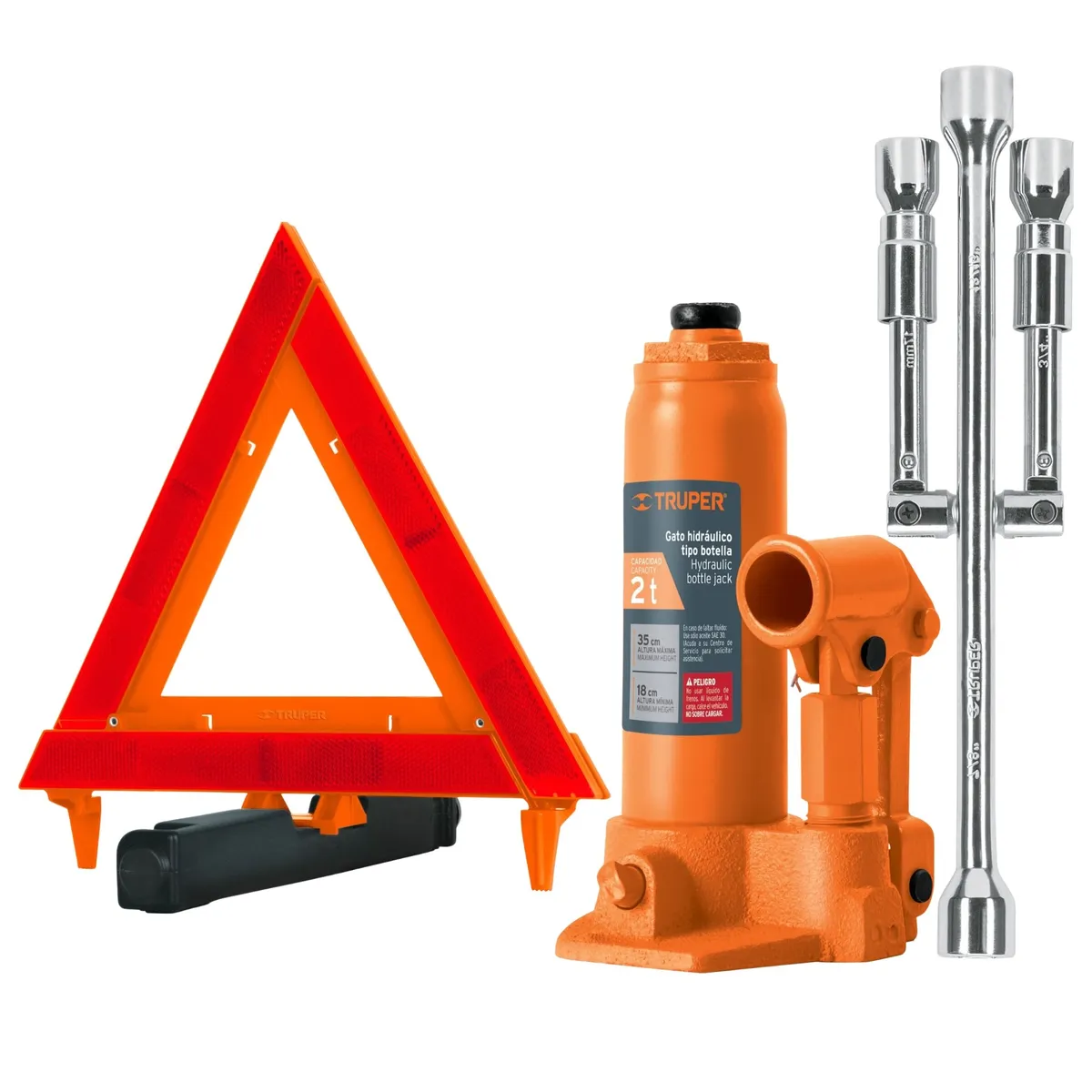 TRUPER - kit Gata  2Ton, Triángulo de seguridad, Llave de ruedas 14"