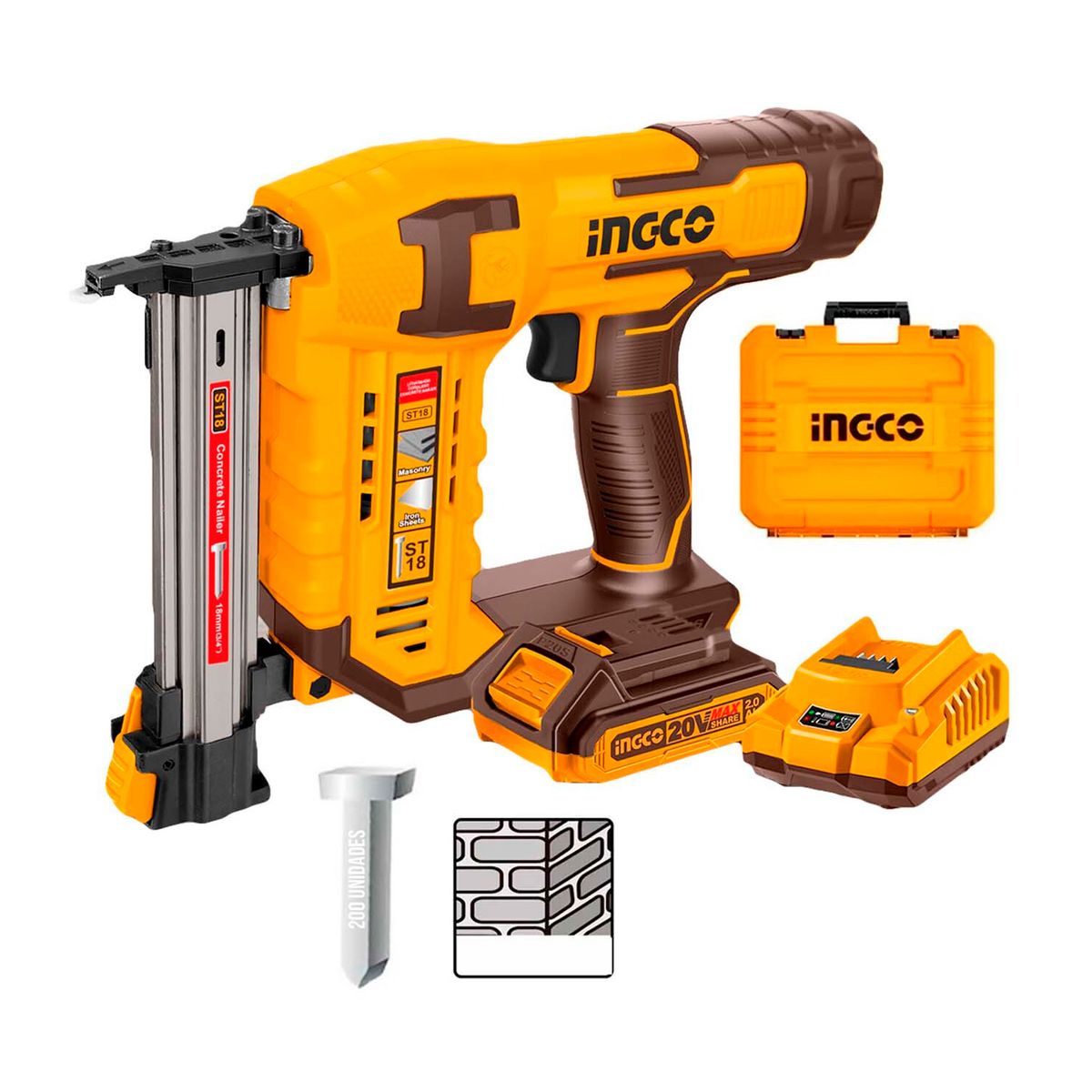 INGCO TOOLS - CLAVADORA INALÁMBRICO 20V INGCO BATERÍA LADRILLO MADERA - CSTLI3808