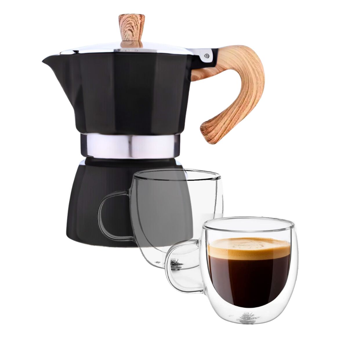 INSPIRA - Kit de Café Barista Cafetera Italiana y Tazas de Vidrio Doble Pared