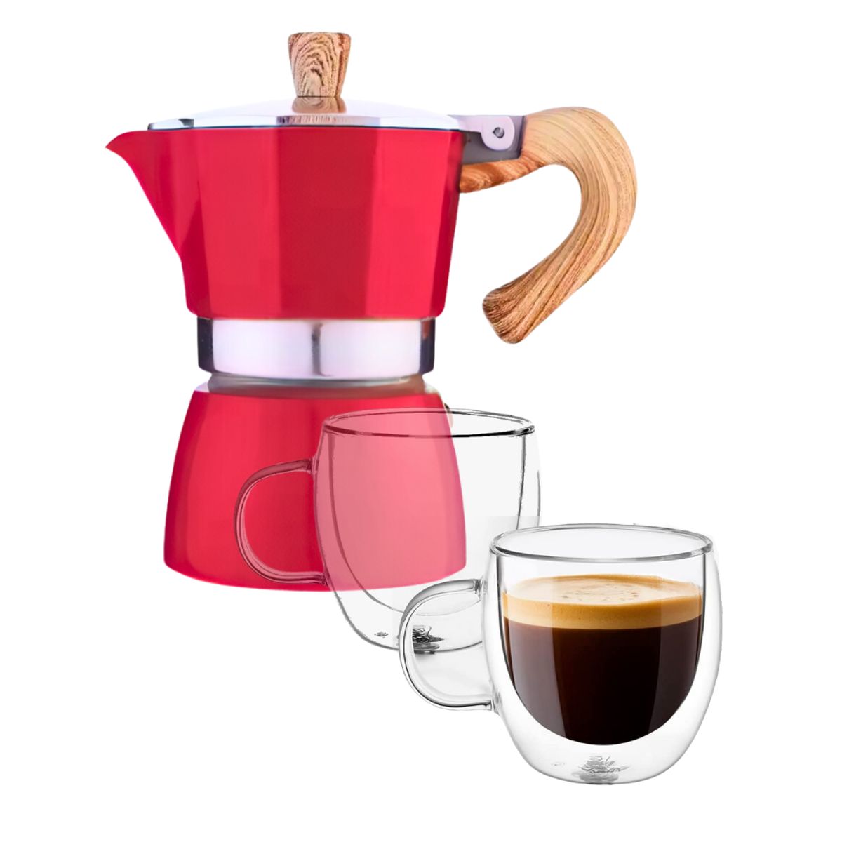 INSPIRA - Kit de Café Barista Cafetera Italiana y Tazas de Vidrio Doble Pared