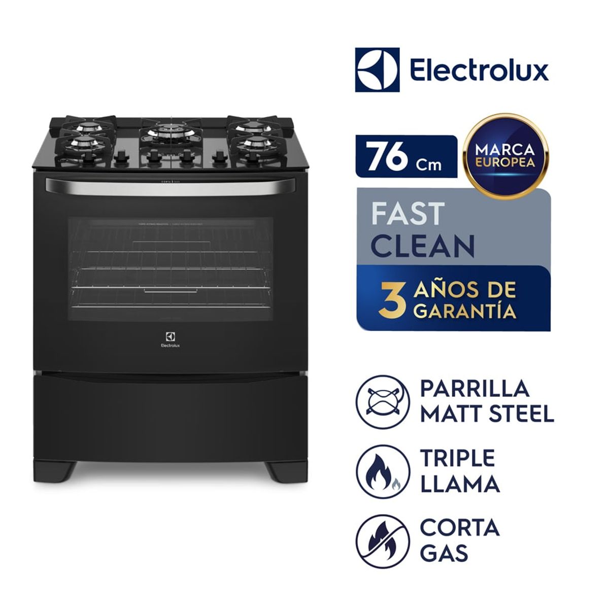 ELECTROLUX - Cocina Electrolux con Vidrio Templado de 5 Quemadores Negra 76GS-CL