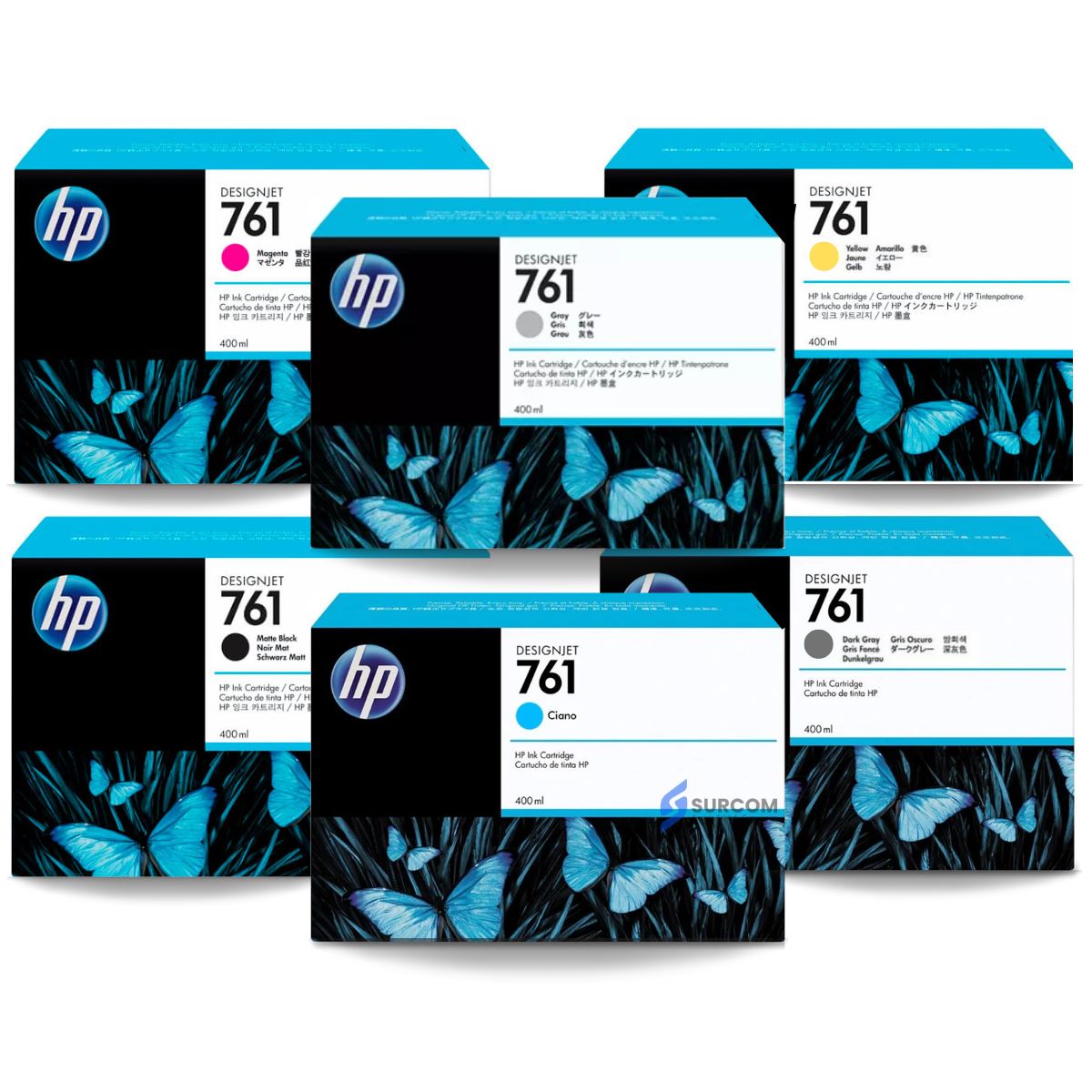 HP - Kit Tinta HP 761 400ml Yellow Magenta Cyan Dark/Gray Gray Mate Black